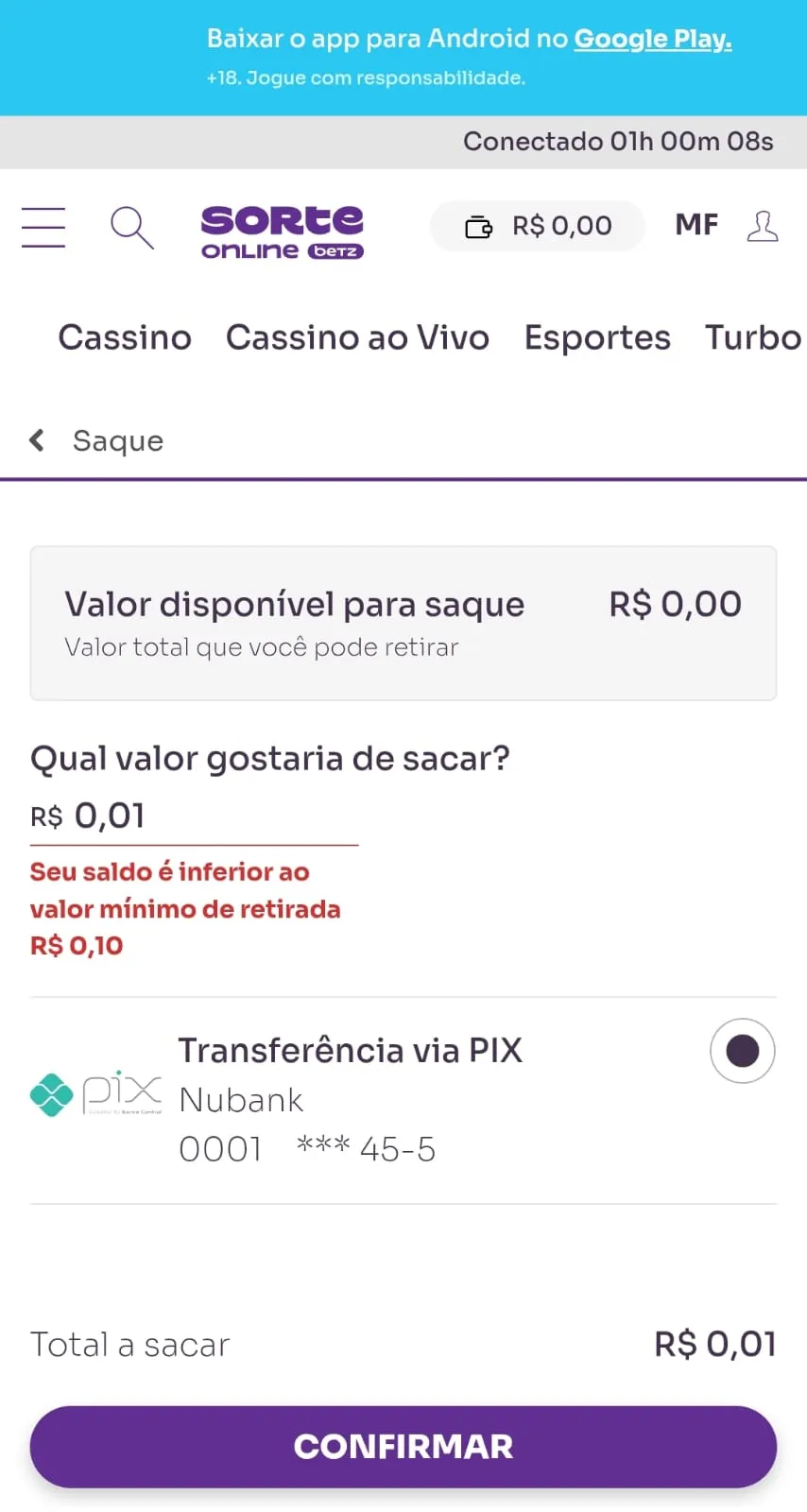 Painel de saque na Sorte Online com o saque mínimo de R$0,10