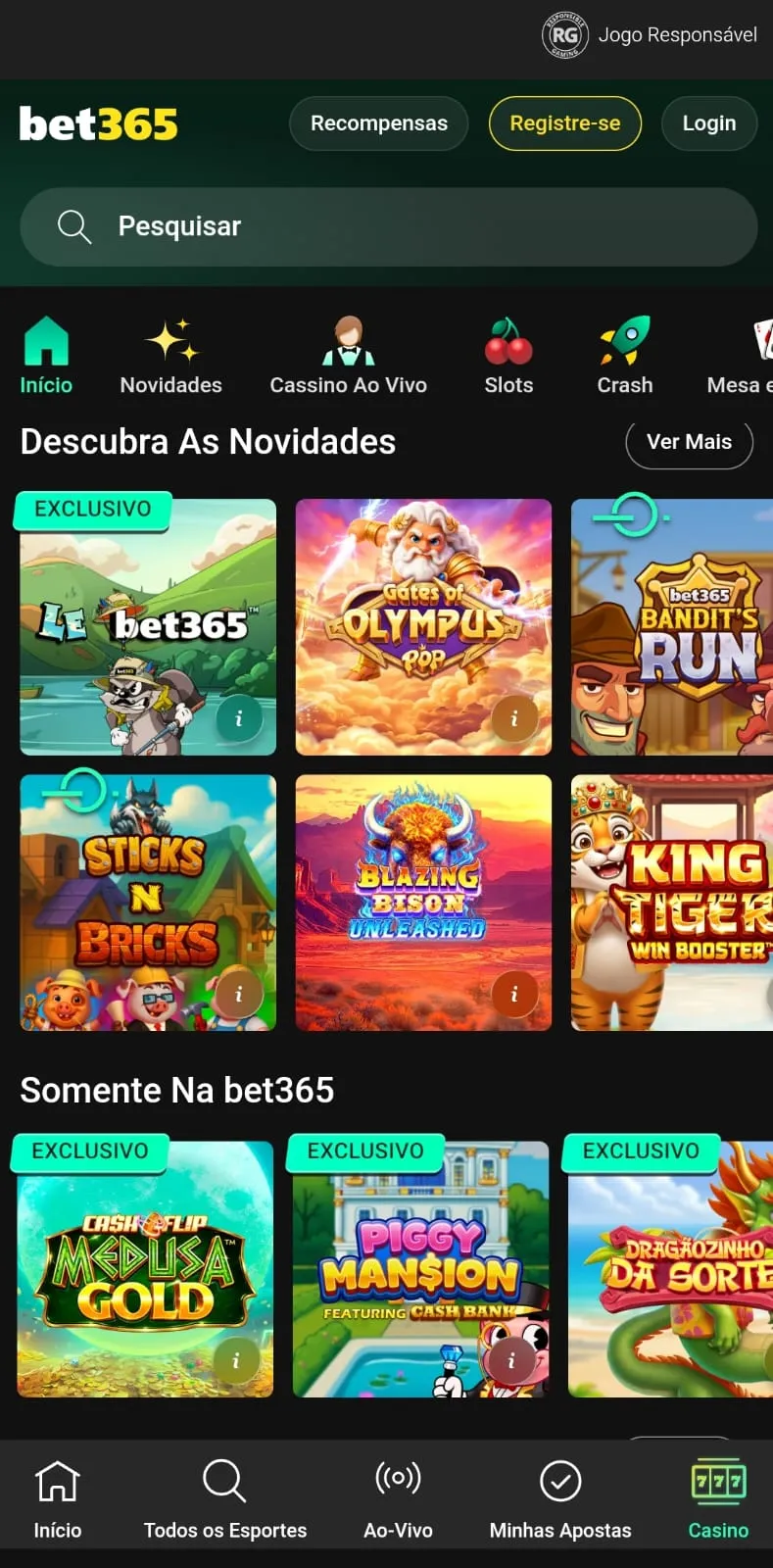 Print do cassino da bet365 com slots exclusivos da operadora