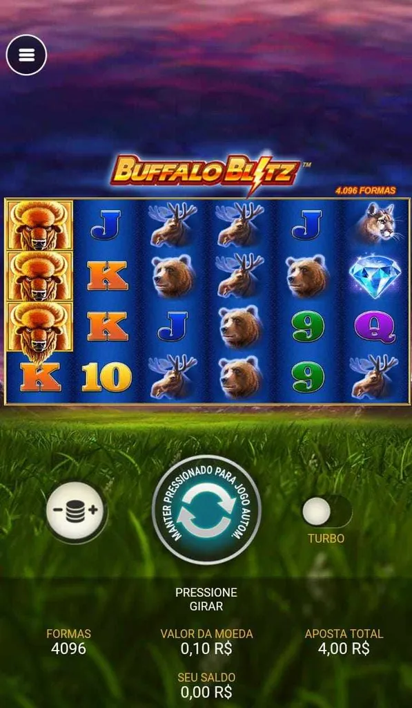 Diferentes símbolos na grade 6x4 do jogo Buffalo Blitz, com botão de giro ao centro e valor da moeda a R$ 0,10
