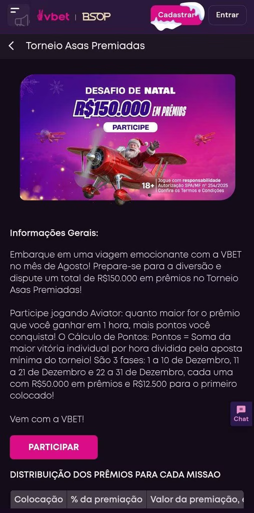 Torneio Asas Premiadas, Desafio de Natal R$ 150 mil em prêmios, da Vbet, com o papai noel pilotando um avião