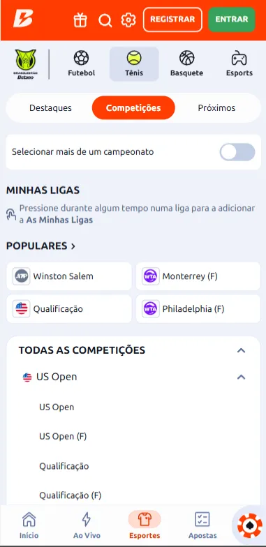 Torneios populares de tênis na Betano como US Open, WTA Monterrey e WTA Philadelphia