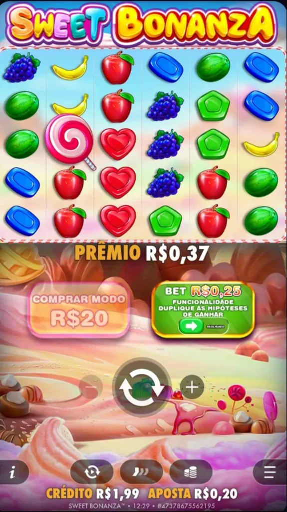 Sweet Bonanza com combinação nos cilindros e prêmio de R$0,37