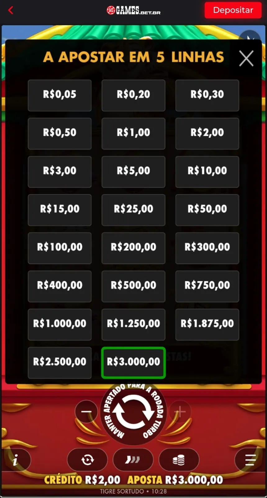 Opções de aposta no Tigre Sortudo da MC Games, com valores limite de até R$ 3.000