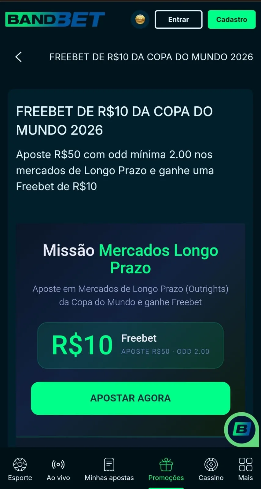 Oferta de Freebet de R$10 da Copa do Mundo de 2026 da Bandbet, com destaque para as condições de aposta classificatória e mercados elegíveis.