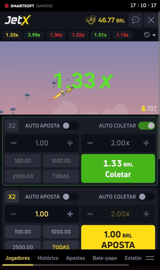 Rodada do jogo JetX, com multiplicador em 1.33 e botão de coletar em 1.30 BRL

