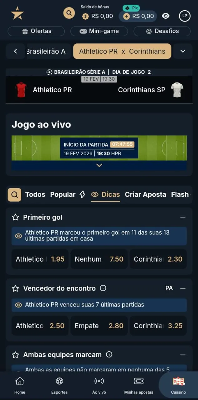 Dicas de apostas entre o jogo Athletico PR x Corinthians na Estrela Bet