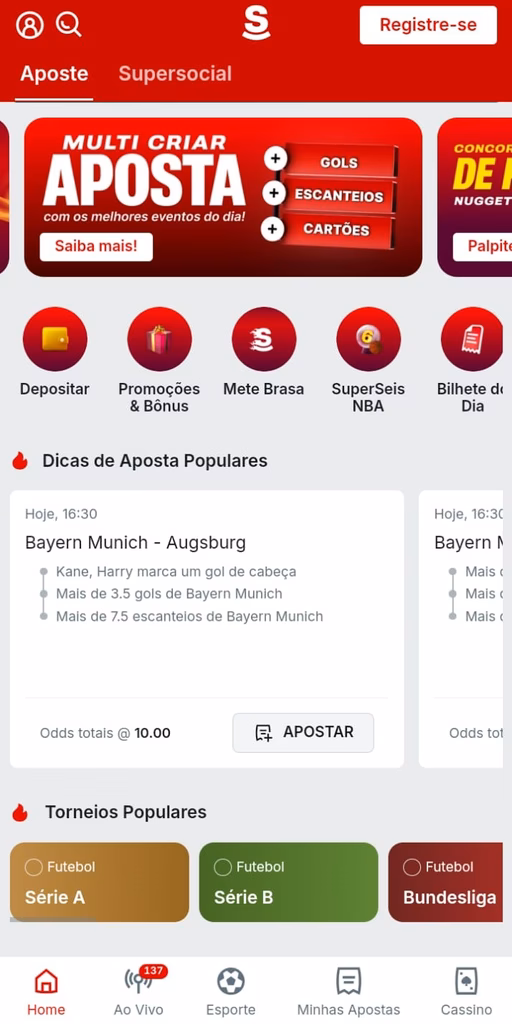 Captura de tela da página inicial da casa de apostas Superbet