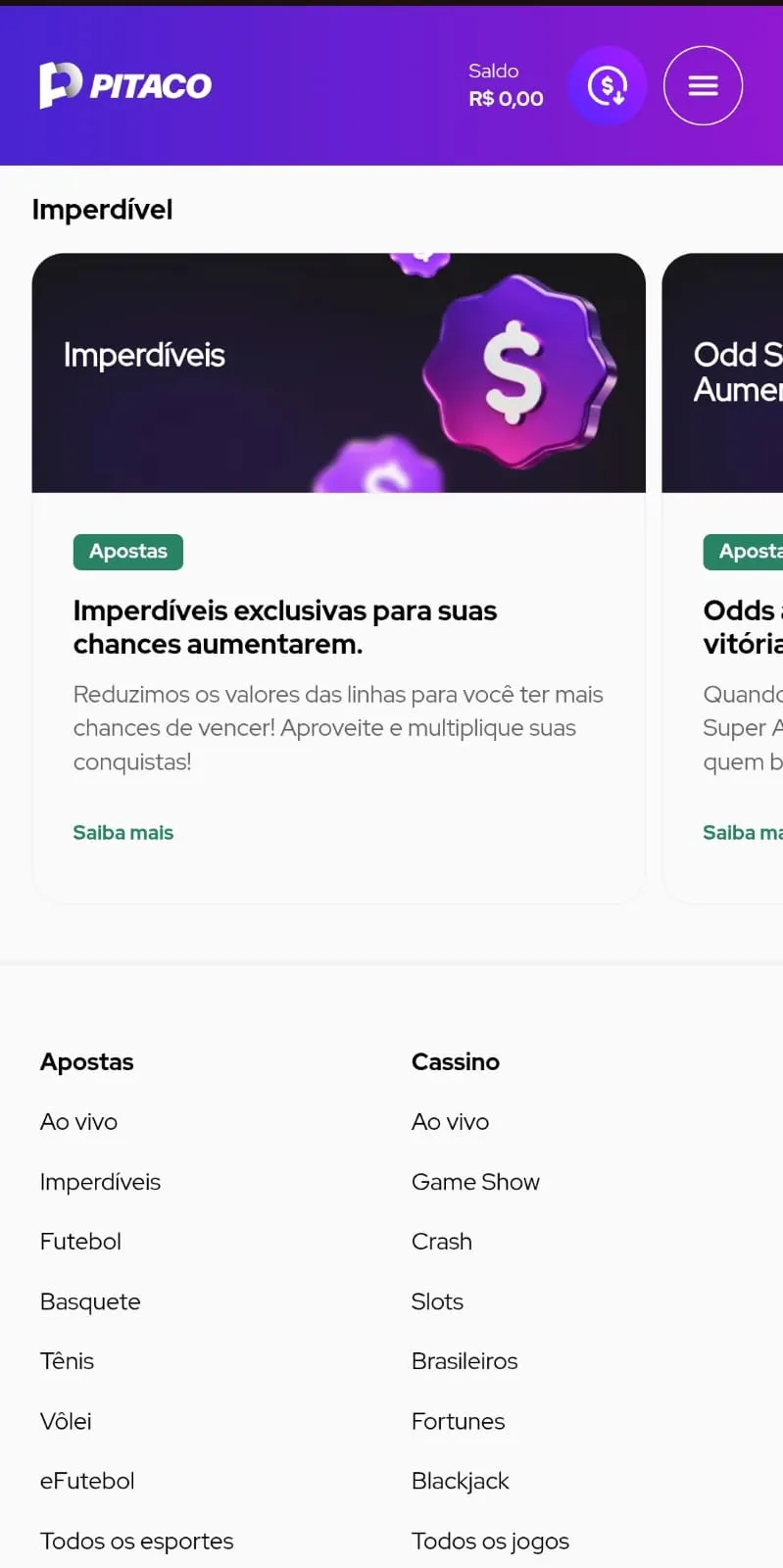 Print da página de promoções da Pitaco com o banner da oferta "Imperdíveis".