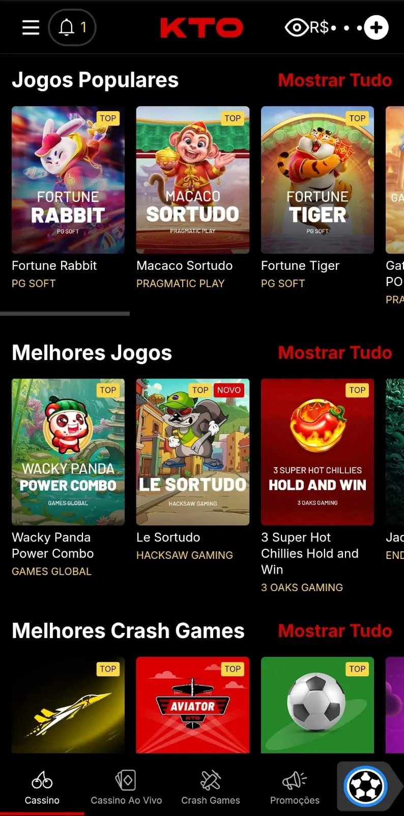 Jogos populares na seção do cassino da KTO