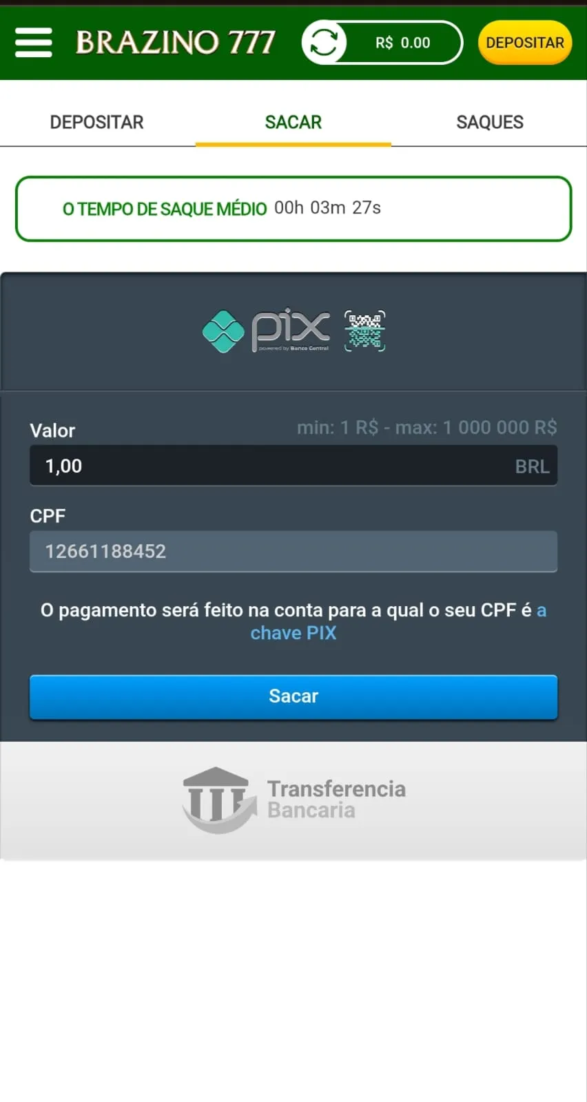 Banner dos pagamentos via Pix e Transferência Bancária na Brazino777 mostrando o tempo de saque médio e limite de transferência.