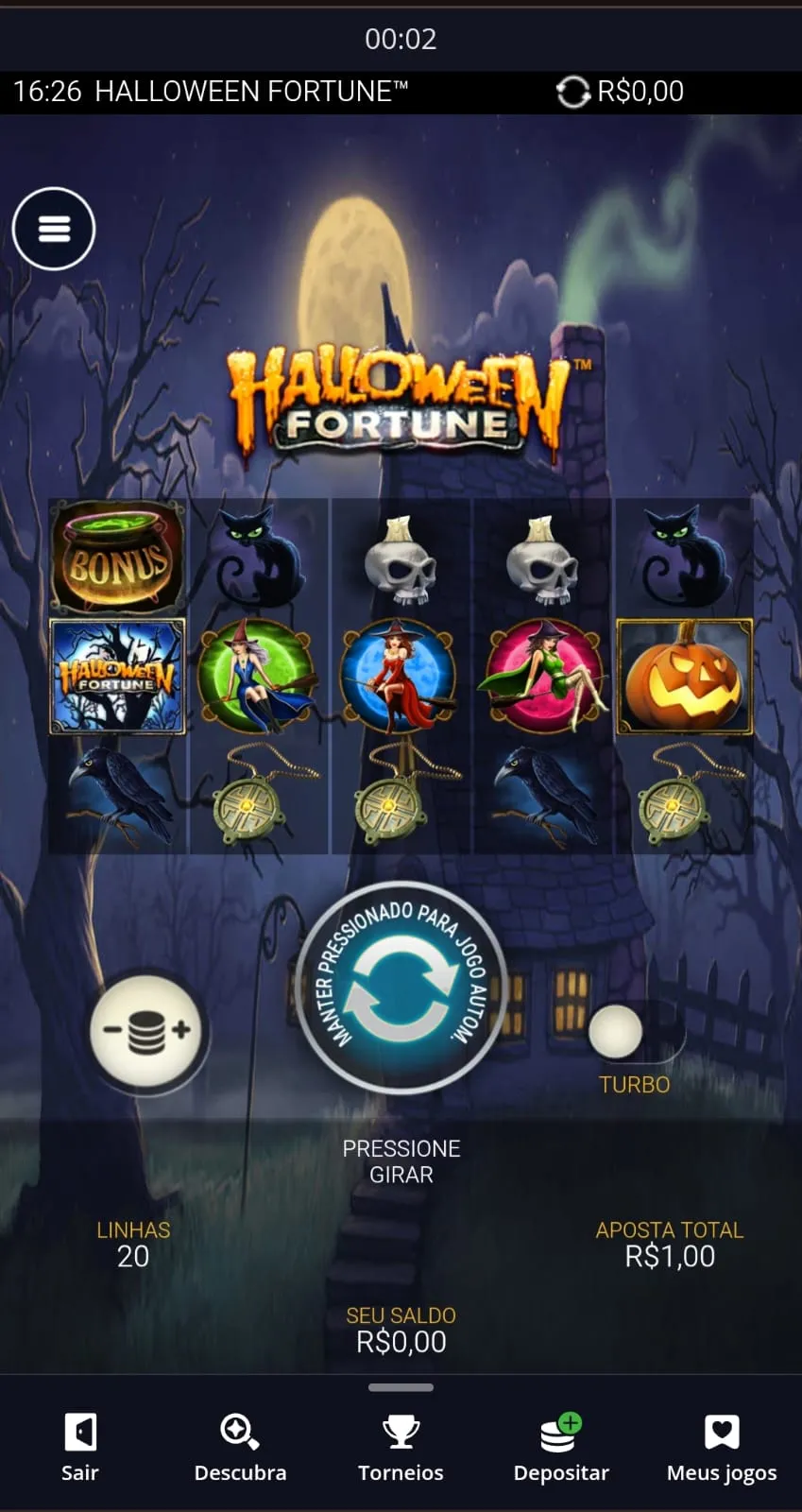 Diferentes símbolos em Halloween Fortune, com 20 linhas de pagamento e RTP de até 97%.