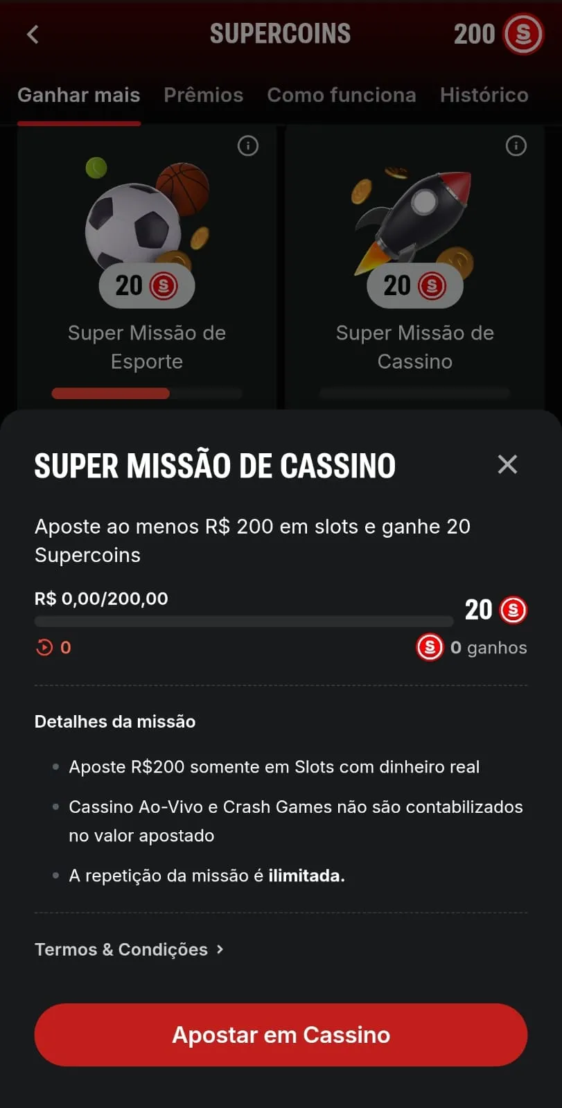  captura de tela da "Super Missão de Cassino" com detalhes da oferta, elegível para o Pinata Wins
Data do Print: 11/05/26