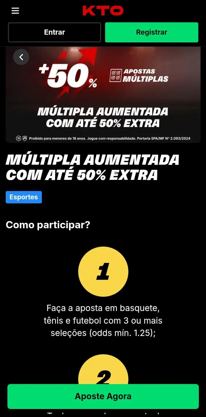 Múltipla Aumentada com até 50% extra, com texto explicativo da oferta e botão Aposte Agora