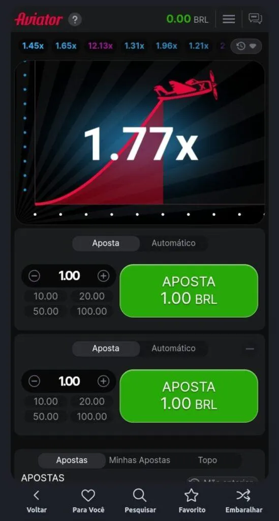 Aviator na Betano com multiplicador na tela de 1.77x e sugestões de valor de cada aposta de R$ 1.