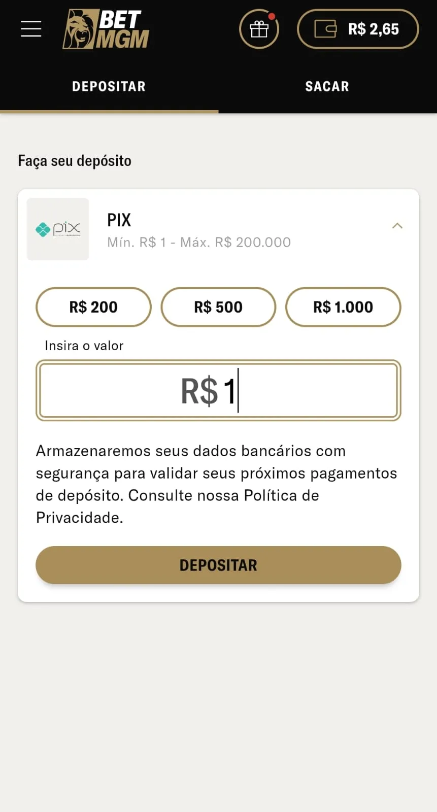 Painel de depósito da BetMGM com recargas via Pix a partir de R$1
Data: 28/05/2026