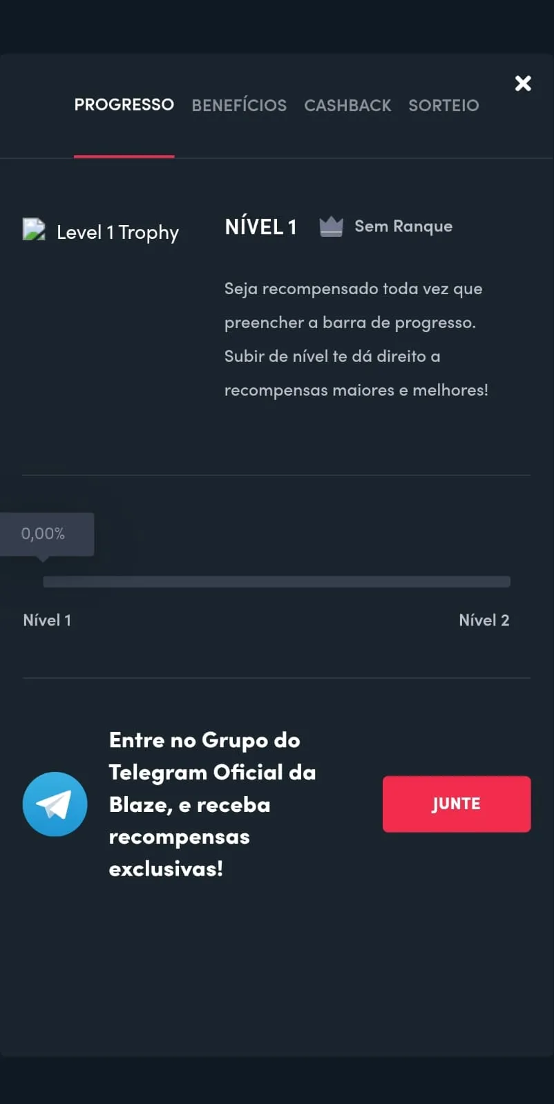 Print da indicação sobre o grupo oficial da Blaze com o anúncio de recompensas exclusivas.
