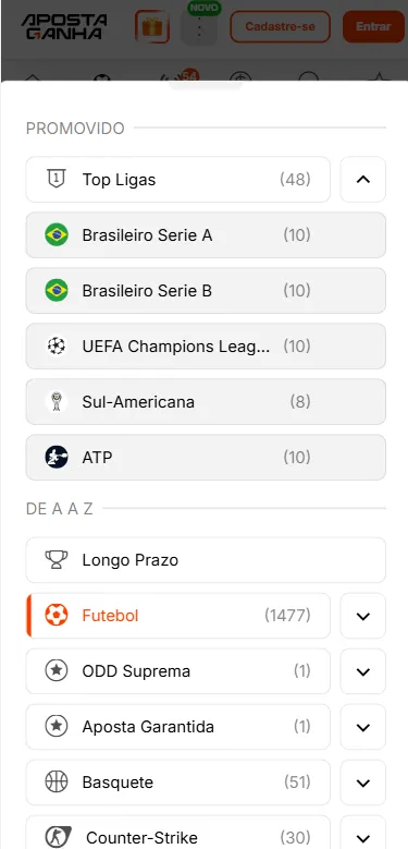 Seção de esportes na Aposta Ganha com categorias de "Top Ligas" e competições de destaque