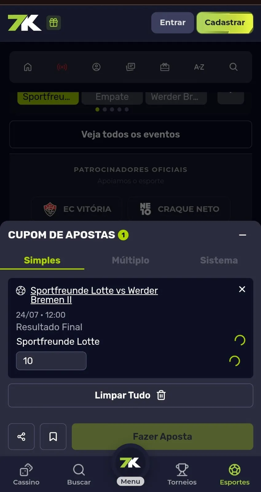 Aposta simples na Bet7K com mercado Resultado.