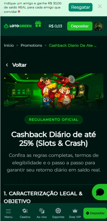 Oferta de cashback diário nos slots com até 25% de reembolso na Lotogreen