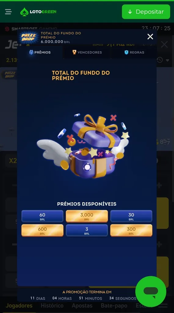 Fundo de prêmios da Lotogreen, com um presente aberto e 6 prêmios disponíveis entre R$3 e R$3 mil
