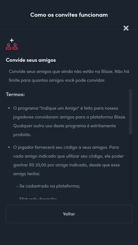 Texto informativo do programa Indique um amigo da Blaze, informando que a oferta pode dar R$ 20 a cada amigo indicado.