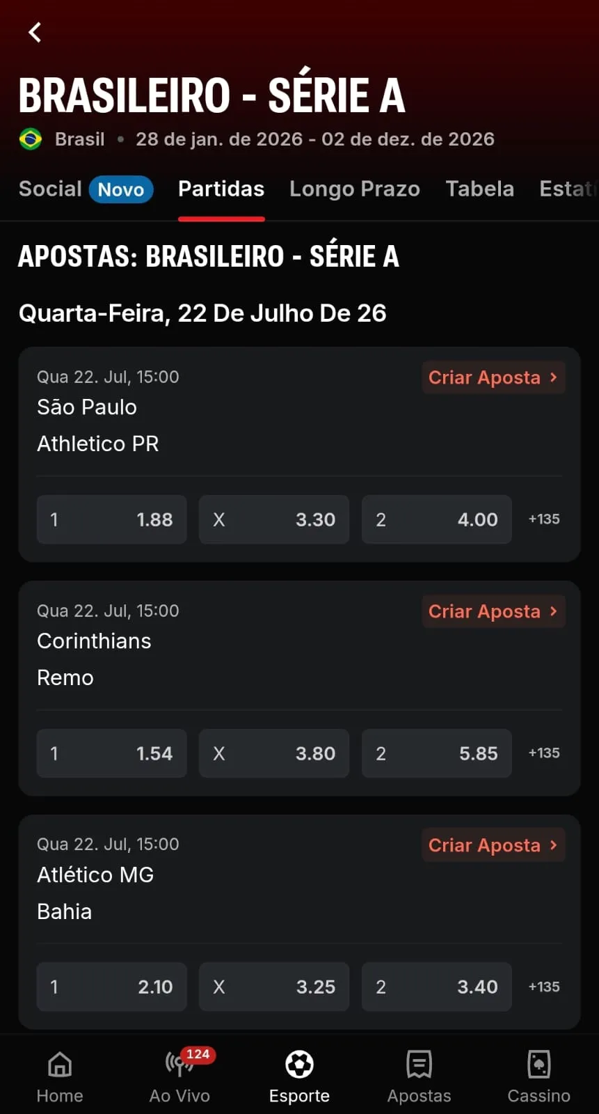 Apostas no Brasileirão 2026 na Superbet com jogos da volta da Copa do Mundo e abas para longo prazo, tabela e resultados.