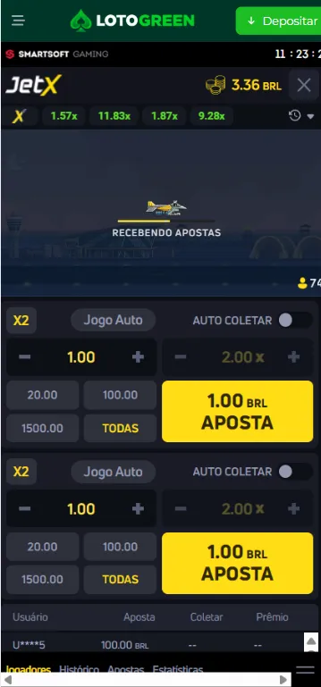 JetX na Lotogreen aguardando a próxima rodada com apostas de R$ 1
