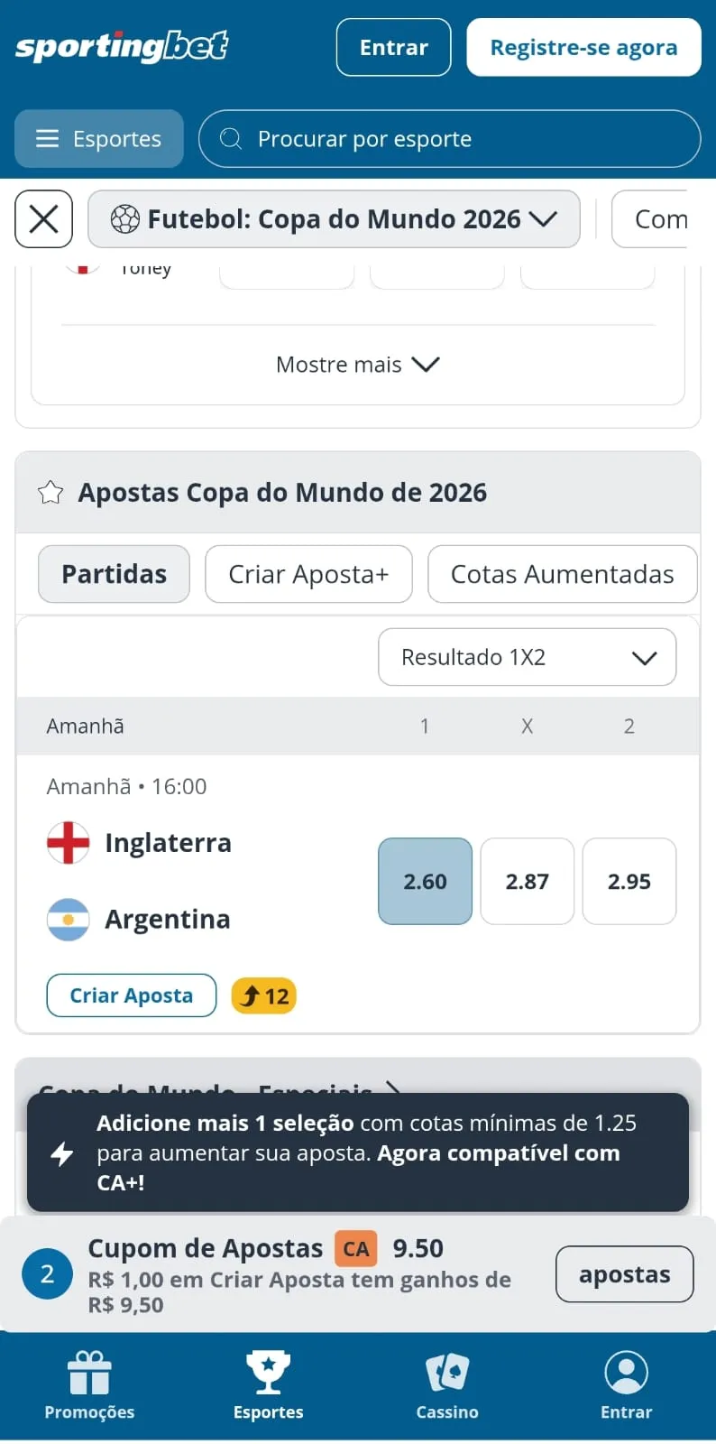 Print da página inicial da Copa do Mundo da Sportingbet com mercados para a partida entre Inglaterra x Argentina e o cupom com bônus para múltiplas.