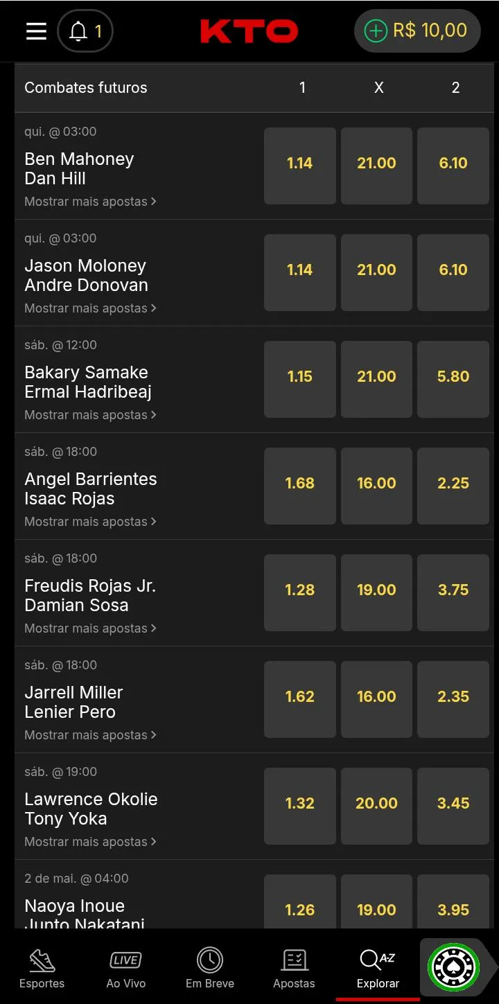 Lista de 8 lutas de boxe na KTO, incluindo Ben Mahoney vs Dan Hill, para o mercado 1x2
