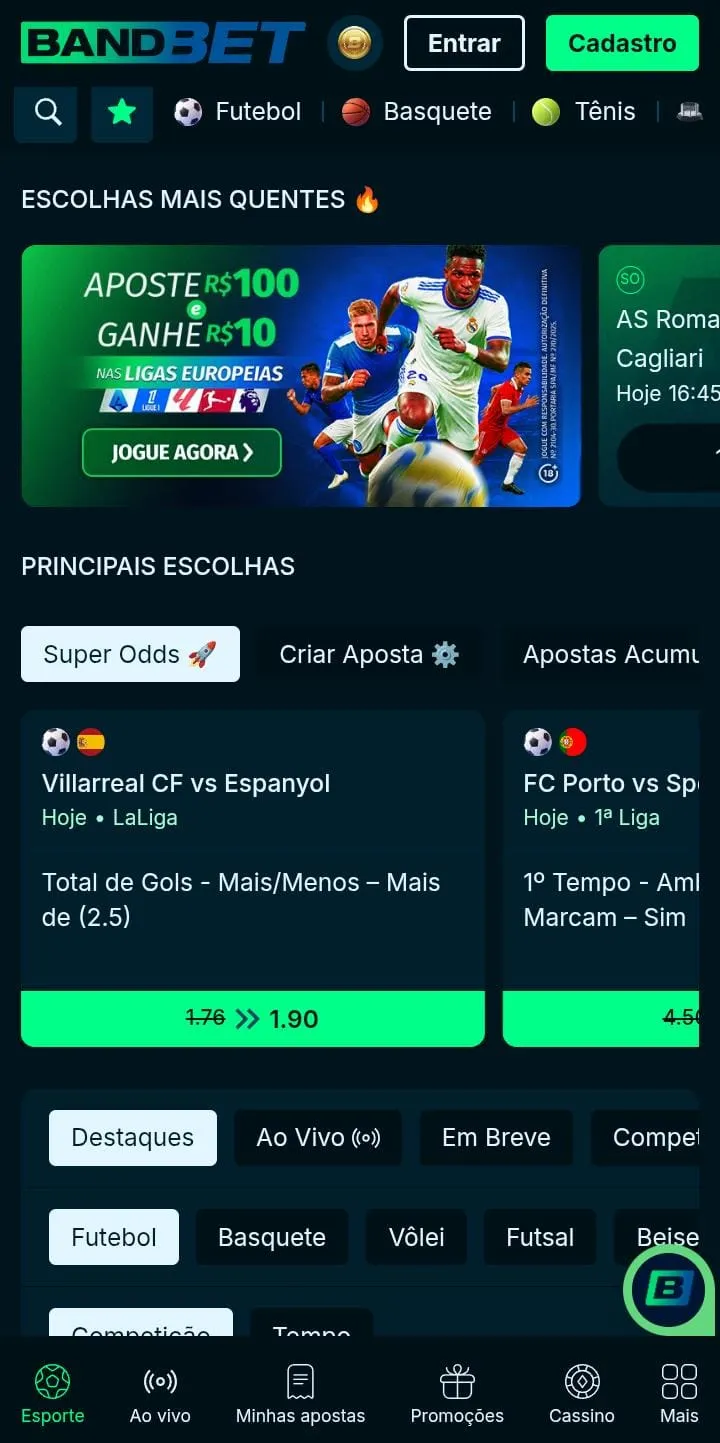 Super Odds para jogo da La Liga e banner da oferta de apostas grátis para ligas europeias da BandBet