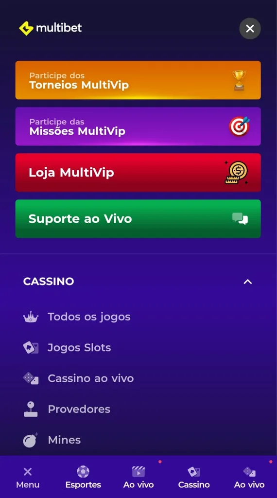 Ícones em formato de barras da Multibet, incluindo Torneios MultiVIP, Missões MultiVIP, Loja MultiVIP e Suporte ao Vivo