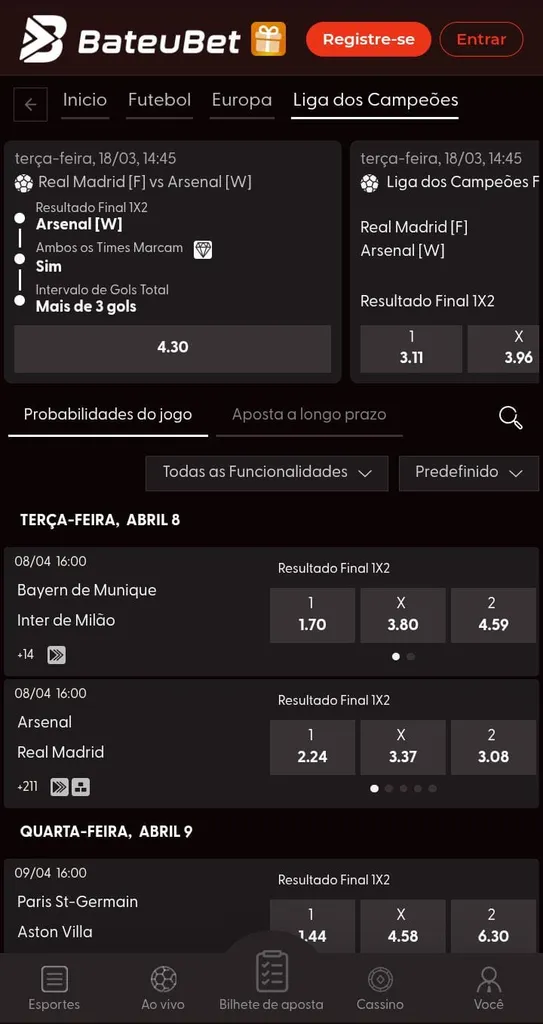 Página das apostas da Liga dos Campeões na BateuBet