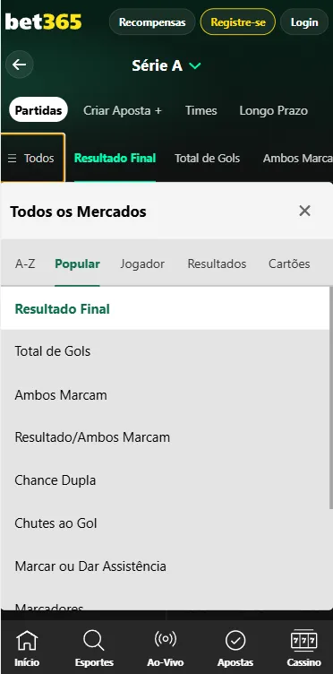 Mercados no Brasileirão na Bet365 com opções de resultado, jogador, cartões e populares