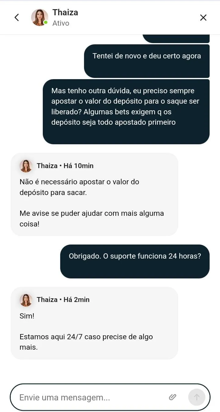 Diálogo no suporte da Stake, com perguntas e respostas sobre turnover e horário de funcionamento do chat