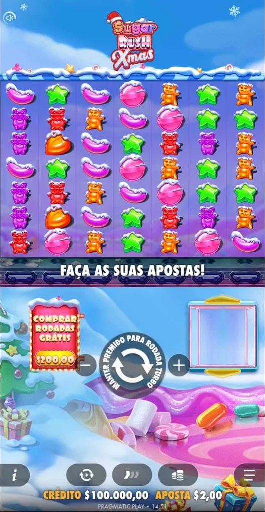 Diferentes figuras de balinhas de goma com neve na grade 6x5 do slot Sugar Rush Xmas