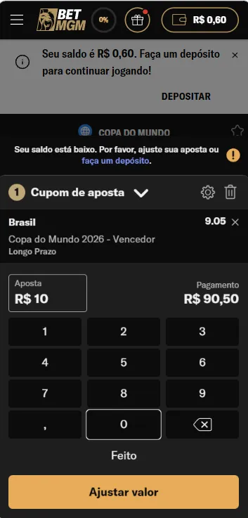 Bilhete de apostas no Brasil como Vencedor da Copa do Mundo na BetMGM com odds 9.05