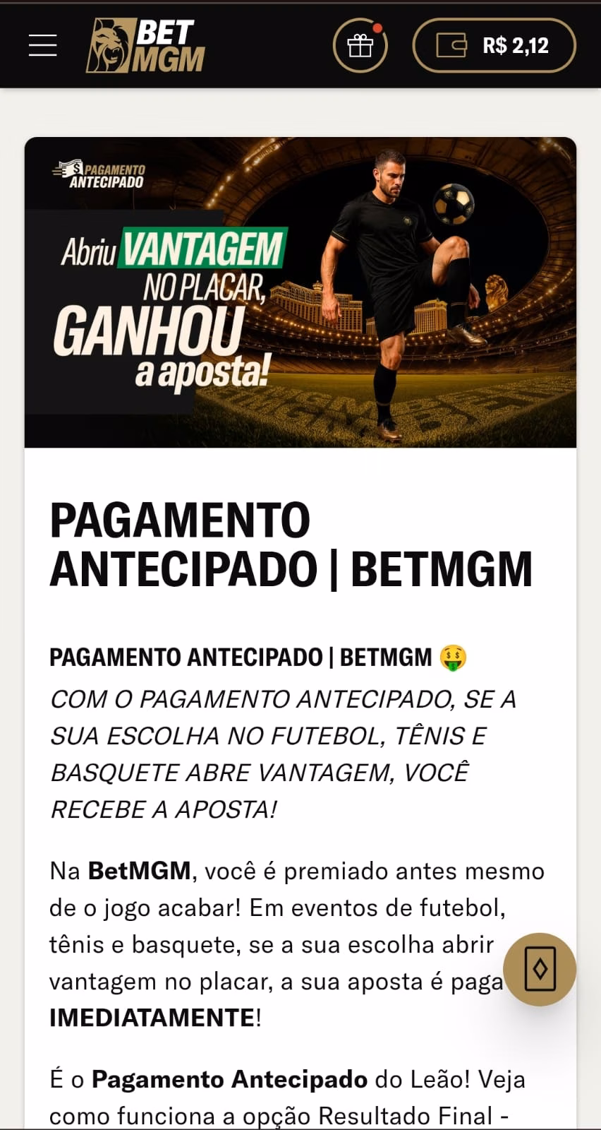 Print da oferta de pagamento antecipado da BetMGM com um banner informando o lema "abriu vantagem no placar, aposta ganha"