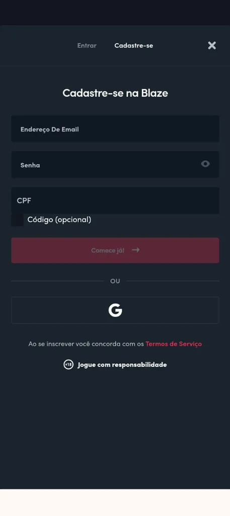 Formulário de cadastro da Blaze, com campos vazios de endereço de e-mail, senha e CPF