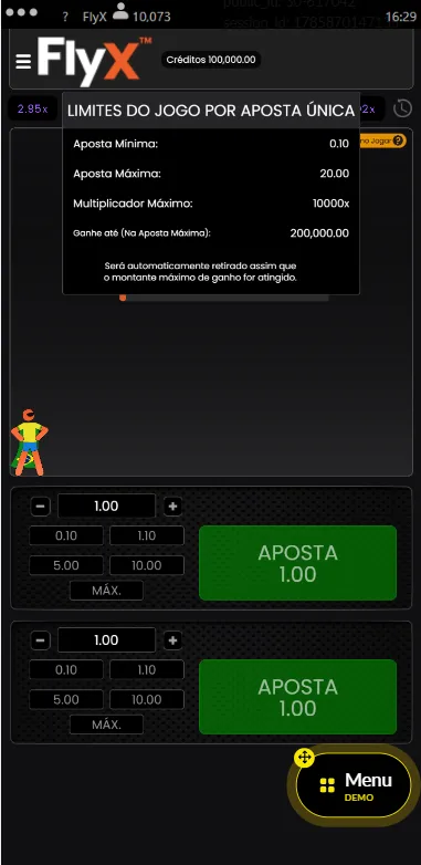 FlyX na Betboom no modo de demonstração com apostas a partir de R$ 0,10.