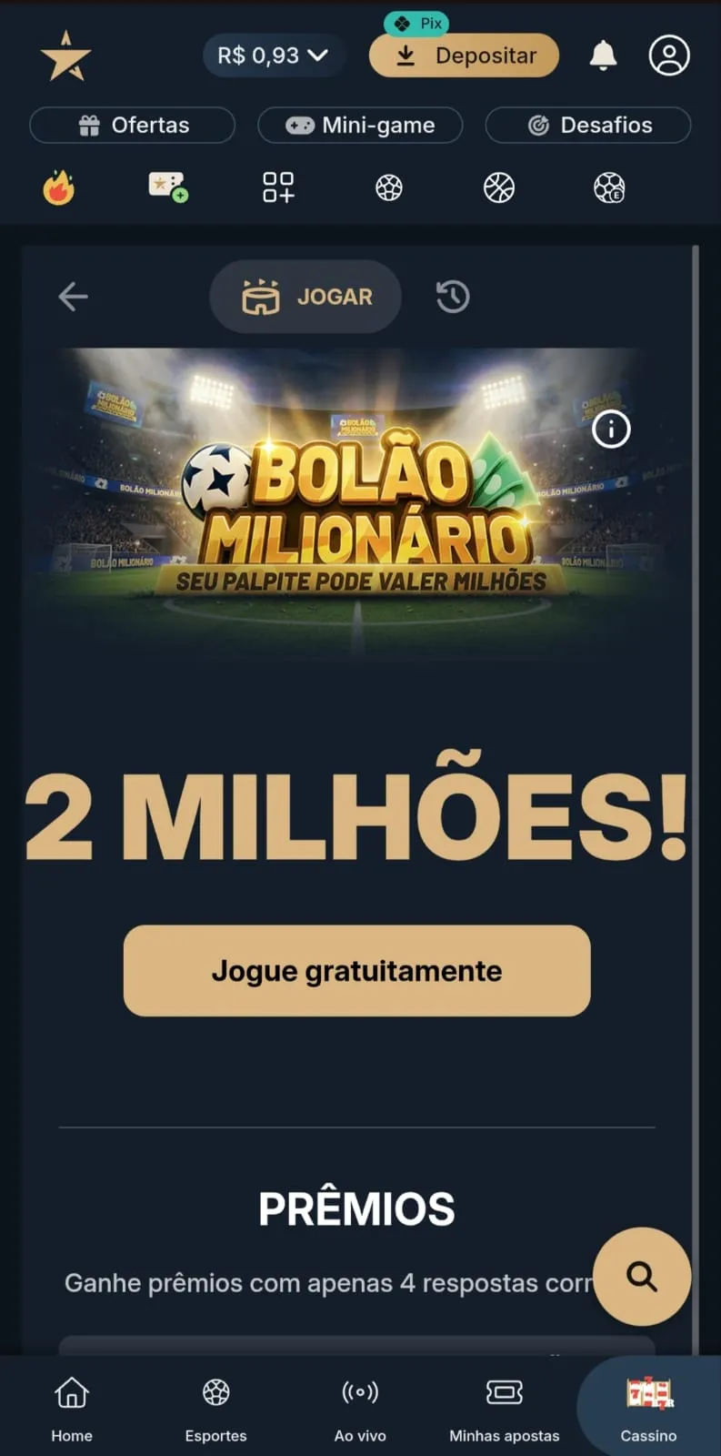 Print da página promocional do Bolão Milionário da Estrelabet, com prêmios de até R$ 2 milhões e botão "Jogar gratuitamente".
