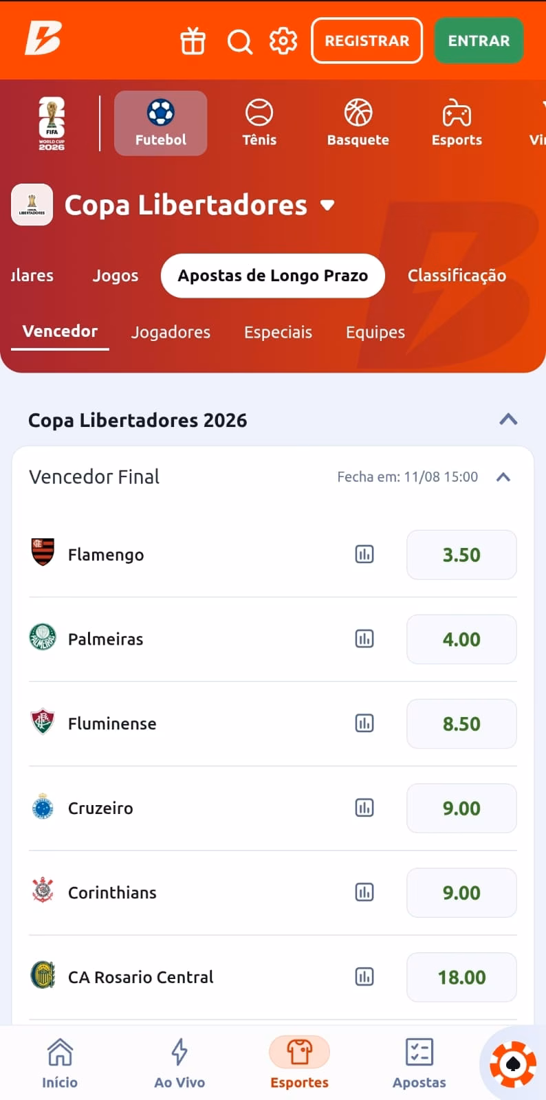 Cotações para o Vencedor Final da Copa Libertadores 2026 na Betano, com Flamengo, Palmeiras e Fluminense como favoritos.