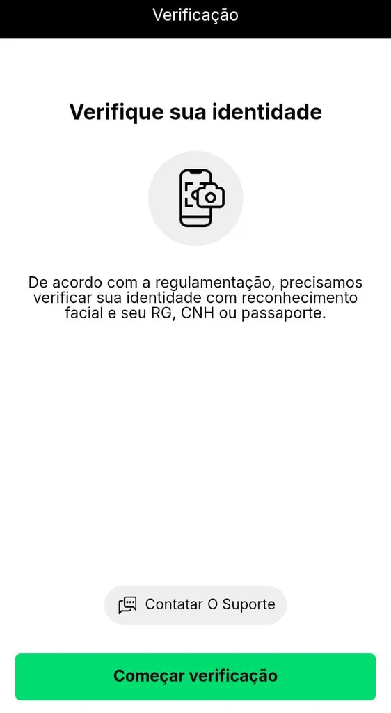 Etapa inicial da verificação de identidade da KTO, com indicação de envio de RG, CNH ou passaporte