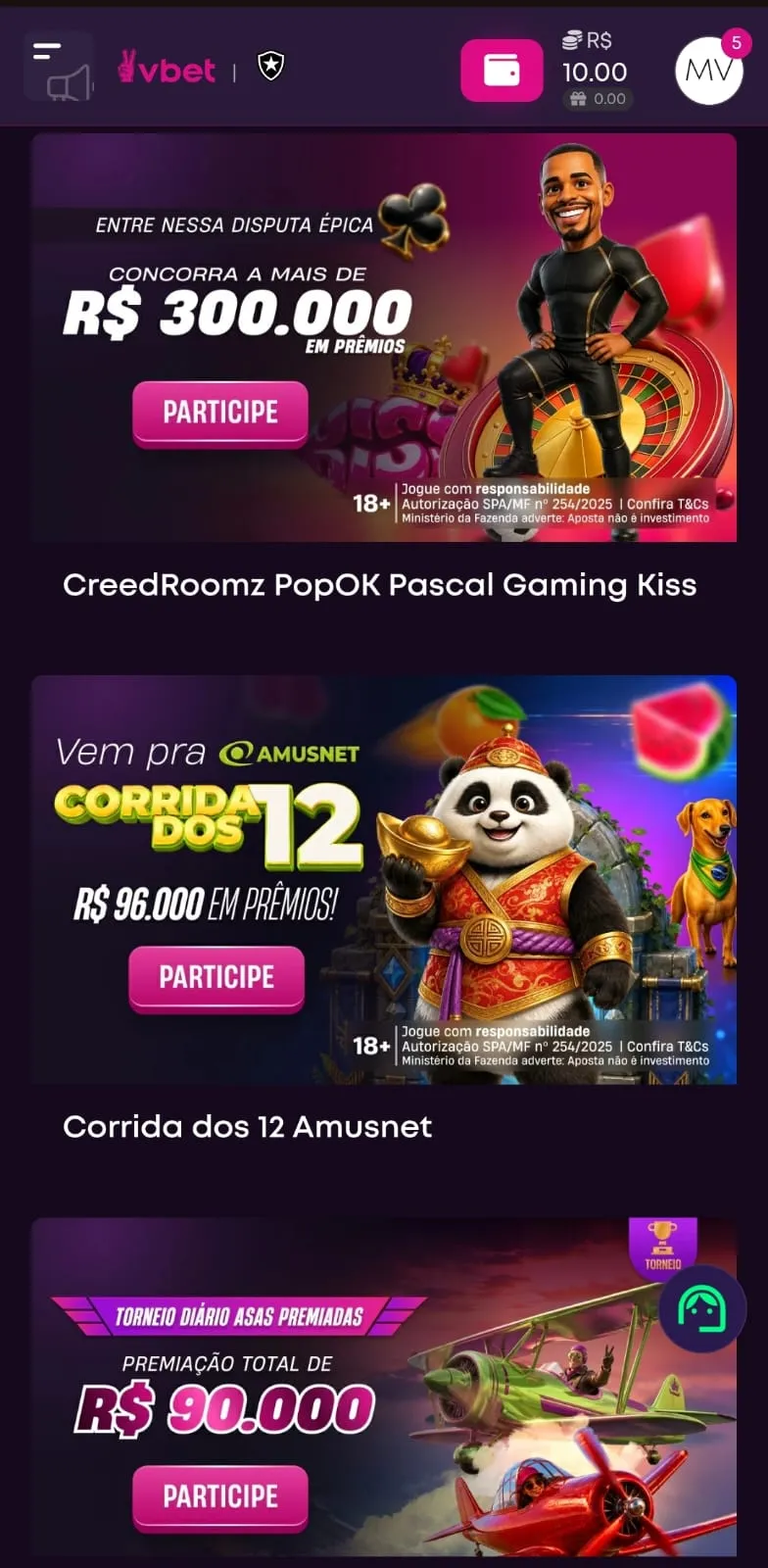 Personagens de jogos de cassino nos banners promocionais do Torneio de slots, cassino ao vivo e crash da VBet