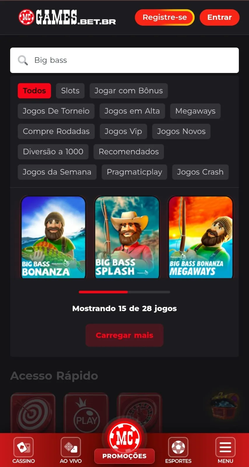 Cassino da MC Games com a ferramenta de busca mostrando os títulos da franquia Big Bass disponíveis.