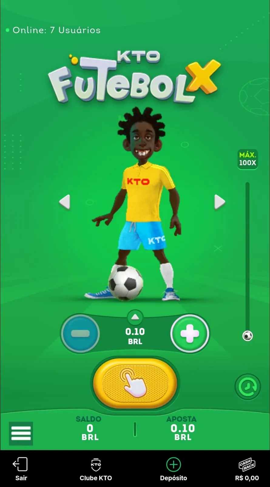 Imagem da tela inicial do KTO FootballX com destaque para o jogador e sua roupa personalizada e aposta mínima a partir de R$0.10.
Data: 19/05/26