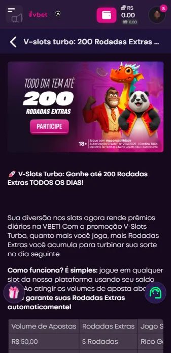 Oferta V-Turbo com até 200 rodadas extras na Vbet