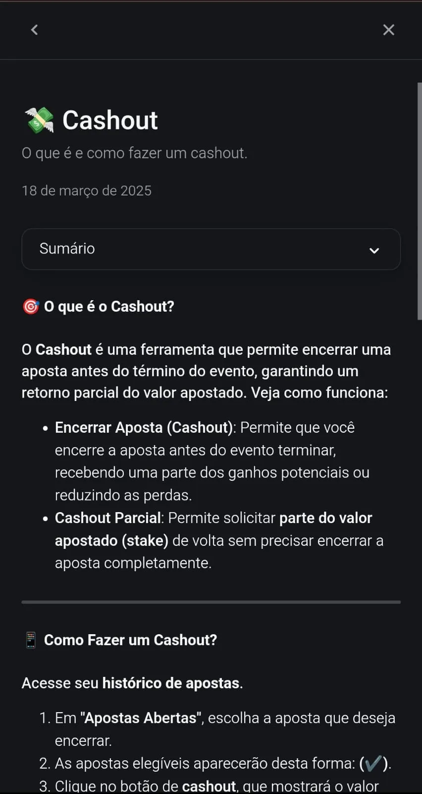 Captura de tela com detalhes sobre a função de Cash Out na KTO.