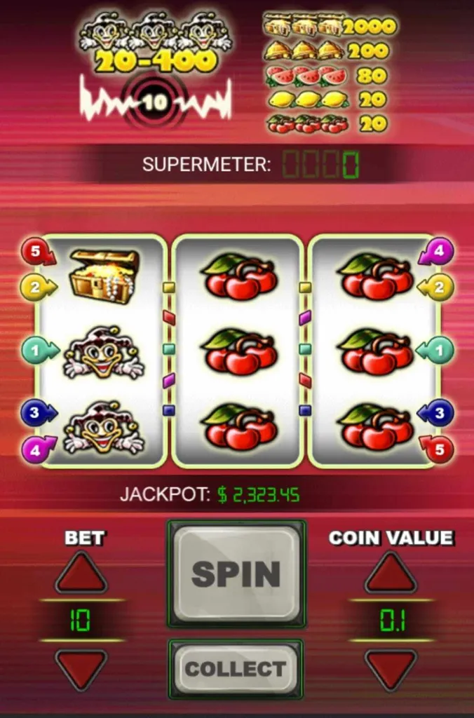 Figura de cerejas, palhaço e tesouro na grade 3x3 do slot Mega Joker, com jackpot em $2,323.45
