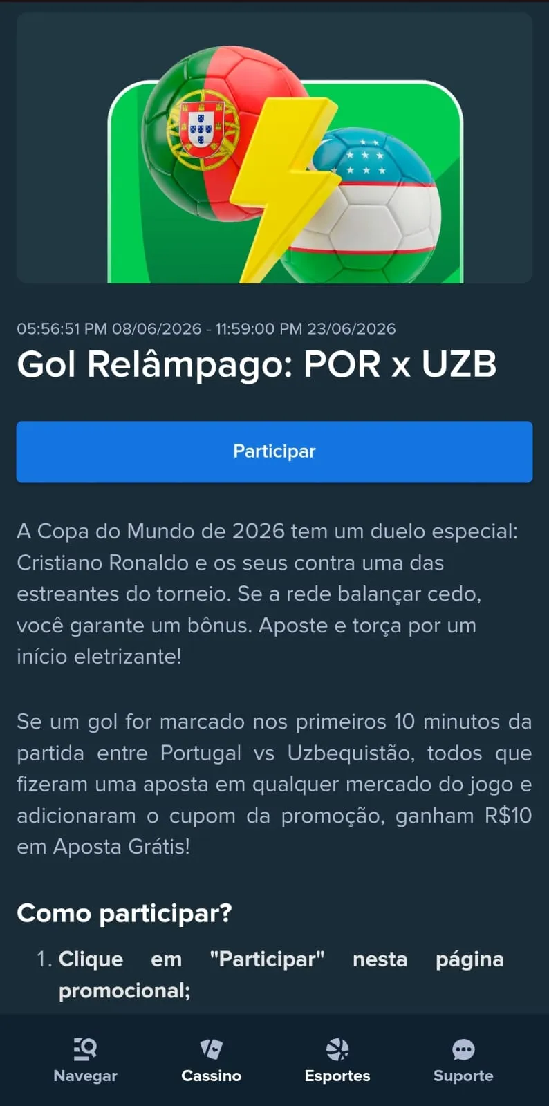 Oferta de Gol Relâmpago da Stake para a partida entre Portugal x Uzbequistão.
