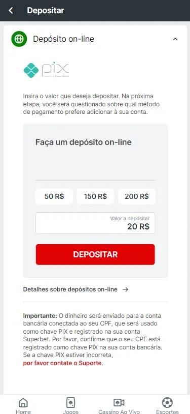 Formulário de depósito da Superbet, com logo do Pix, depósito a R$20 e botão de depositar em destaque